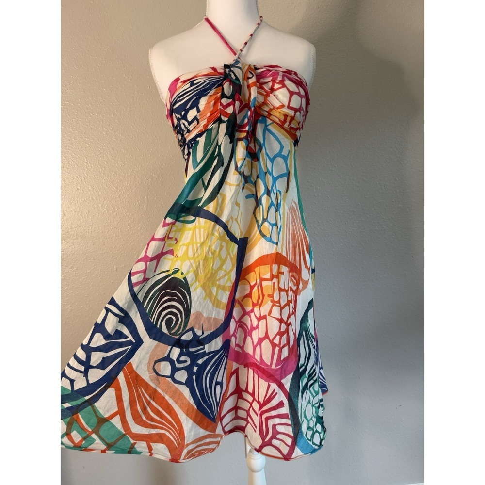 Nine West Silk Cotton Blend Boho Halter Dress Abstract Geometric Mini Size 6